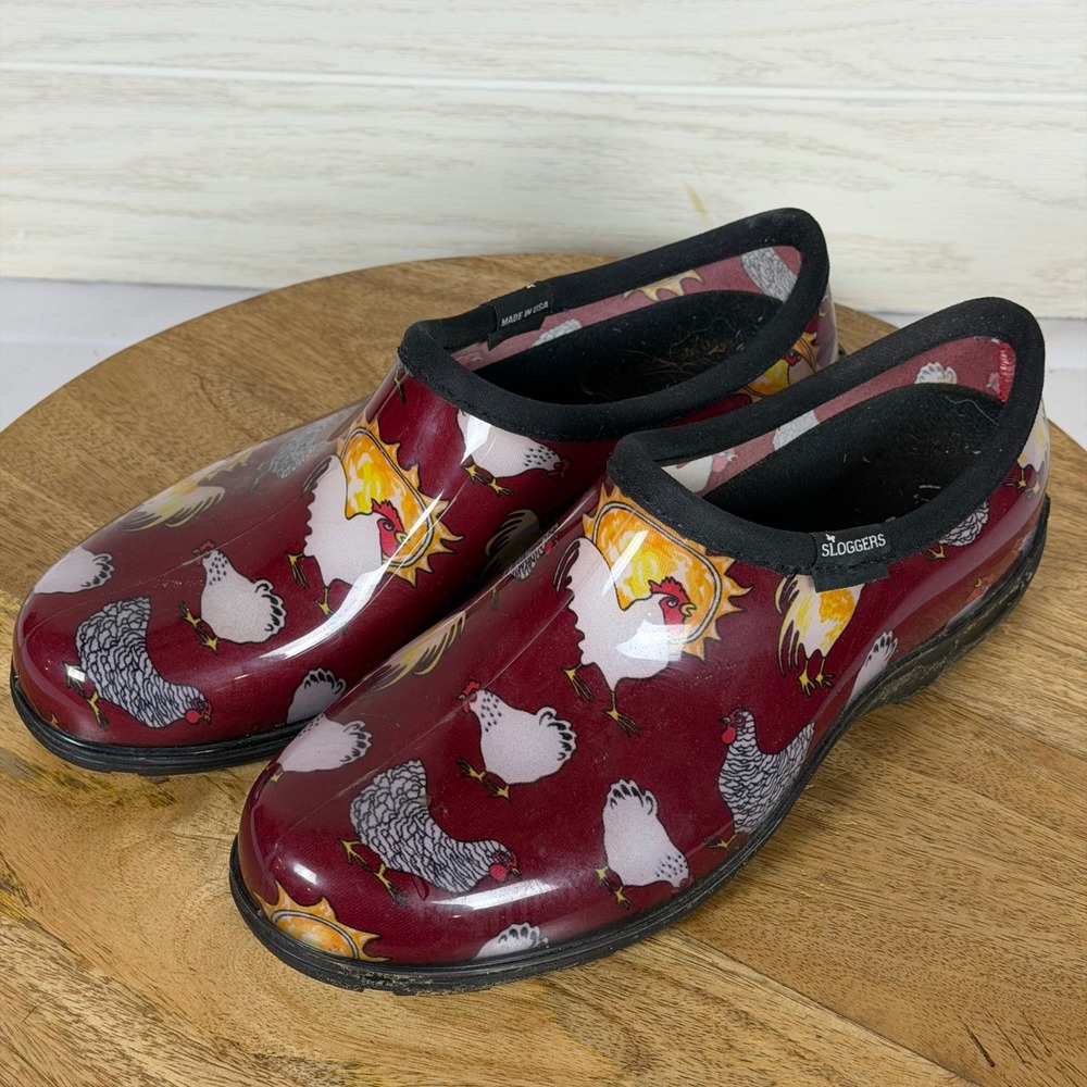 Sloggers Women 10 Garden Shoes Chicken Rooster Print Burgundy Waterproof Clogs
